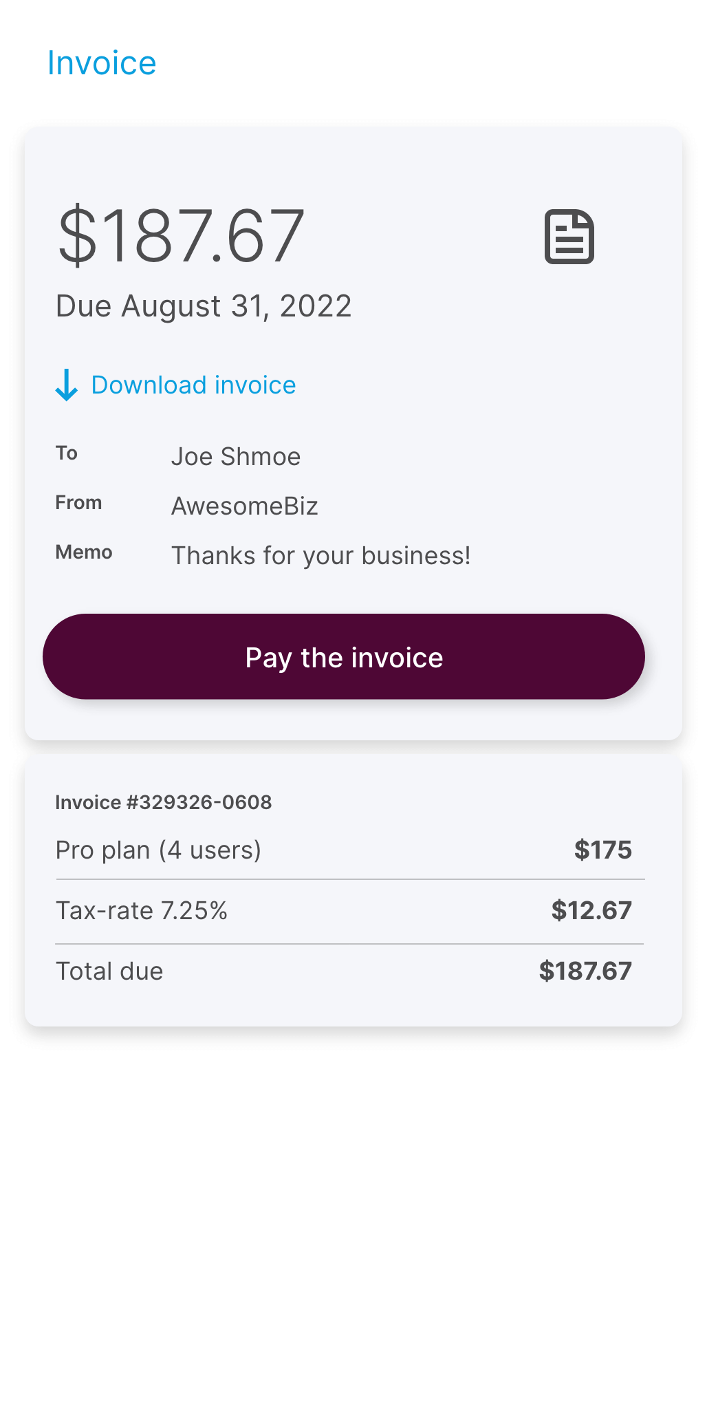 Maast Payments invoice screen